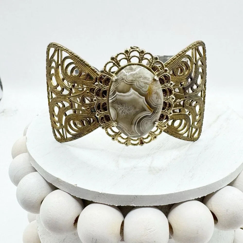 Filigree Bow Cuff Bracelet With Agate Geode Cabachon Center Bohemian Boho